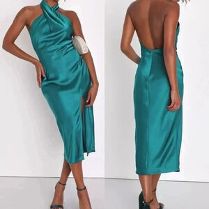 NWOT Lulus Beyond Classy Teal Green Satin Halter Dress